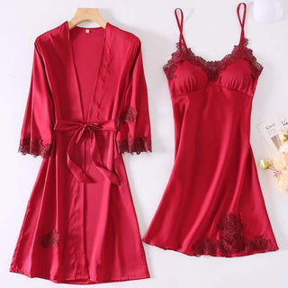 Satin Robe Set Sexy Female Sleepwear Summer Kimono Bathrobe Lace Trim Bride Bridesmaid Dressing Gown Casual Nightgown ALODIA STORE