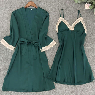 Satin Robe Set Sexy Female Sleepwear Summer Kimono Bathrobe Lace Trim Bride Bridesmaid Dressing Gown Casual Nightgown ALODIA STORE