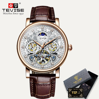 TEVISE Brand Classic Retro Men Watches Automatic Mechanical Watch Men Tourbillon Clock Genuine Leather Waterproof Business Watch ALODIA STORE