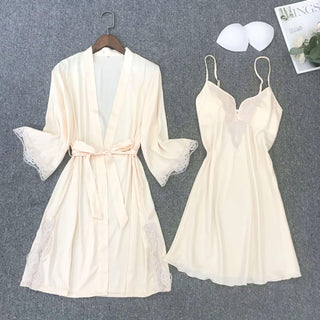 Satin Robe Set Sexy Female Sleepwear Summer Kimono Bathrobe Lace Trim Bride Bridesmaid Dressing Gown Casual Nightgown ALODIA STORE