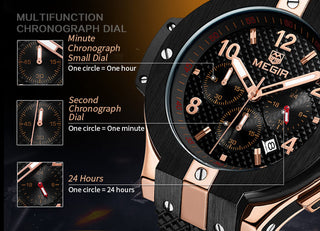 MEGIR Brand Men Watch Quartz Watch Gold Rubber Band 3ATM Water Resistant Chronograph Mens Quartz Wrist Watch ALODIA STORE