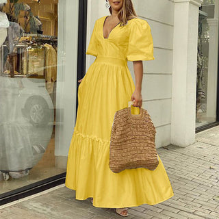 Summer Puff Shoulder Sexy Party Dress Spring Solid Button Long Shirt Dress Women Elegant Turn-down Collar Office Lady Maxi Dress ALODIA STORE
