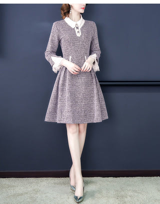 EVNISI Women 2023 Winter Grey Dress Tweed Dress For Party A-Line Flare Sleeve Woolen Dress Holiday Vestidos Thick Outerwear ALODIA STORE