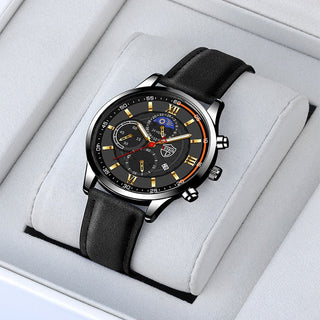 Fashion Mens Sports Watches Man Business Quartz Wristwatch Luxury Black Leather Bracelet Men Casual Luminous Clock Watch ALODIA STORE