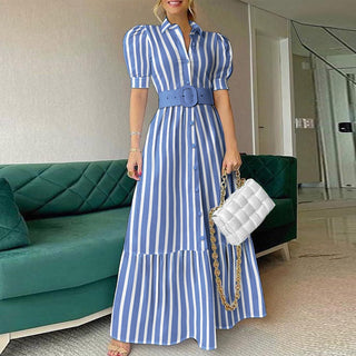 Summer Puff Shoulder Sexy Party Dress Spring Solid Button Long Shirt Dress Women Elegant Turn-down Collar Office Lady Maxi Dress ALODIA STORE