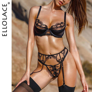 Ellolace Lace Lingerie Embroidery Women's Underwear Transparent Erotic Push Up Bra And Panty Set Black Fancy Garters Intimate ALODIA STORE