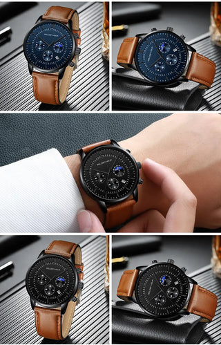 GOLDENHOUR Men's Watch Top Brand Luxury Fashion Quartz Watch Men Leather Waterproof Sports Wrist Watch Male Relogio Masculino ALODIA STORE