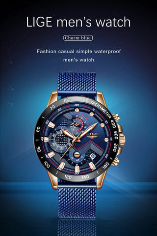 LIGE Men Watches Top Brand Luxury Stainless Steel Blue Waterproof Quartz Watch Men Fashion Chronograph Male Sport Military Watch ALODIA STORE