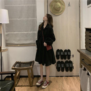 QWEEK Shirt Dress Women Korean Style Polo Collar Black ALODIA STORE