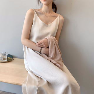 Spring summer Woman Tank Dress Casual Satin Sexy Camisole Elastic Female Home Beach Dresses v-neck camis sexy dress ALODIA STORE