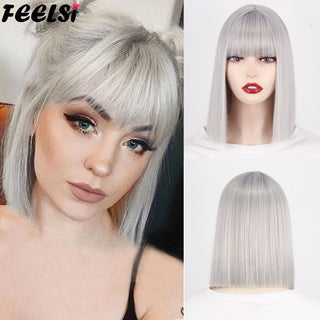 Short Bob Synthetic Wigs With Bangs for Women Wigs Blonde Black Blue fiber Natural Hair for Lolita Cosplay Party Daily Use ALODIA STORE