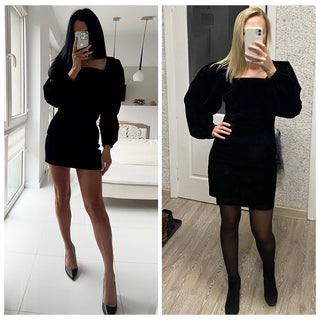 Mnealways18 Evening Puff Sleeve Women Velvet Dress Winter Black Sexy Bodycon Dress Square Collar Mini Party Dresses Elegant 2023 ALODIA STORE