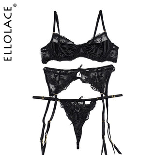 Ellolace Lace Lingerie Embroidery Women's Underwear Transparent Erotic Push Up Bra And Panty Set Black Fancy Garters Intimate ALODIA STORE