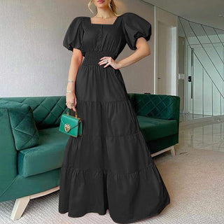 Summer Puff Shoulder Sexy Party Dress Spring Solid Button Long Shirt Dress Women Elegant Turn-down Collar Office Lady Maxi Dress ALODIA STORE