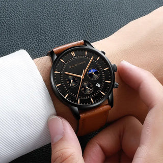GOLDENHOUR Men's Watch Top Brand Luxury Fashion Quartz Watch Men Leather Waterproof Sports Wrist Watch Male Relogio Masculino ALODIA STORE