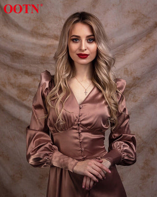 OOTN White Single Breasted Elegant Dress For Women Party Robe High Waist Satin Long Dress Chic Midi Dresses Lantern Sleeve ALODIA STORE