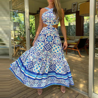 Vintage Printed Dresses Summer 2022 Women Sleeveless Halter Sexy Long Dress A-Line Elegant Woman Pary Dress ALODIA STORE