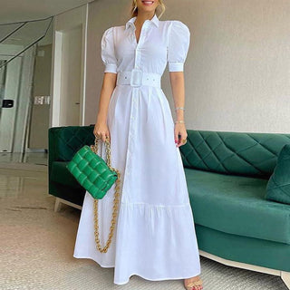 Summer Puff Shoulder Sexy Party Dress Spring Solid Button Long Shirt Dress Women Elegant Turn-down Collar Office Lady Maxi Dress ALODIA STORE