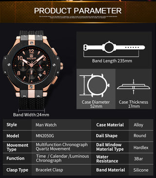 MEGIR Brand Men Watch Quartz Watch Gold Rubber Band 3ATM Water Resistant Chronograph Mens Quartz Wrist Watch ALODIA STORE