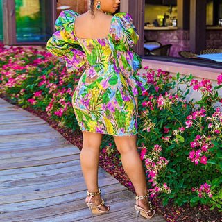 Puff Sleeve Square Neck Bodycon Dress Floral Printed Slim Mini Dress ALODIA STORE
