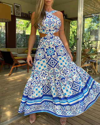 Vintage Printed Dresses Summer 2022 Women Sleeveless Halter Sexy Long Dress A-Line Elegant Woman Pary Dress ALODIA STORE