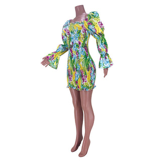 Puff Sleeve Square Neck Bodycon Dress Floral Printed Slim Mini Dress ALODIA STORE