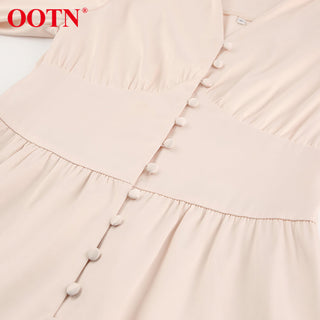 OOTN White Single Breasted Elegant Dress For Women Party Robe High Waist Satin Long Dress Chic Midi Dresses Lantern Sleeve ALODIA STORE