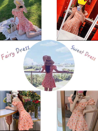 Pink Elegant Kawaii Dress Women Floral Print Cherry Mini Dress Female Casual Sweet Japan Korean Style Summer Dress Women 2020 ALODIA STORE