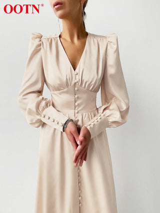OOTN White Single Breasted Elegant Dress For Women Party Robe High Waist Satin Long Dress Chic Midi Dresses Lantern Sleeve ALODIA STORE