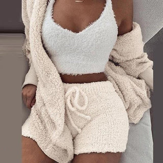 Three Piece Sexy Fluffy Sets Velvet Plush Hooded Cardigan Coat+Shorts+Crop Top Women Tracksuit Casual Sports Overalls Sweatshirt ALODIA STORE