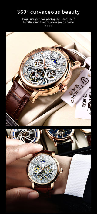 TEVISE Brand Classic Retro Men Watches Automatic Mechanical Watch Men Tourbillon Clock Genuine Leather Waterproof Business Watch ALODIA STORE