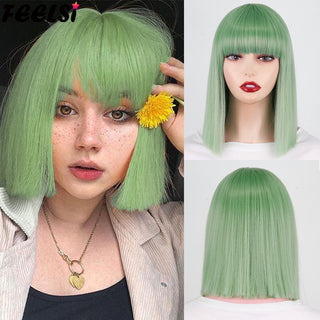 Short Bob Synthetic Wigs With Bangs for Women Wigs Blonde Black Blue fiber Natural Hair for Lolita Cosplay Party Daily Use ALODIA STORE