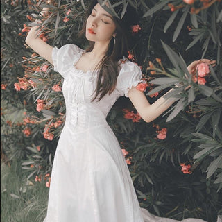 Elegant Fairy Dress Women White French Puff Sleeve ALODIA STORE