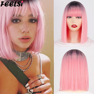 Short Bob Synthetic Wigs With Bangs for Women Wigs Blonde Black Blue fiber Natural Hair for Lolita Cosplay Party Daily Use ALODIA STORE