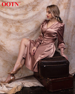 OOTN White Single Breasted Elegant Dress For Women Party Robe High Waist Satin Long Dress Chic Midi Dresses Lantern Sleeve ALODIA STORE