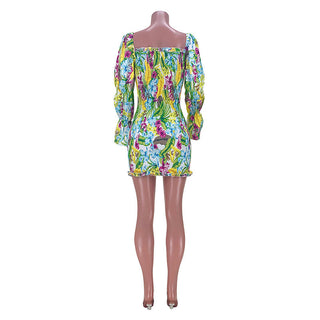 Puff Sleeve Square Neck Bodycon Dress Floral Printed Slim Mini Dress ALODIA STORE