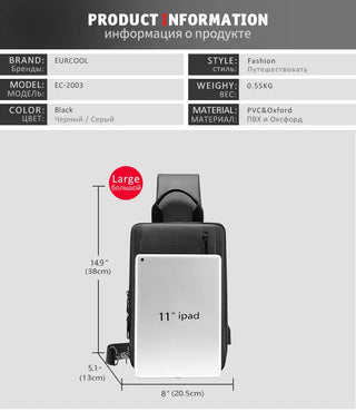 EURCOOL Crossbody Bag Men USB Charging Chest Pack Travel Water Repellent Hand Casual Shoulder Bag Male Purses сумки на плечо ALODIA STORE