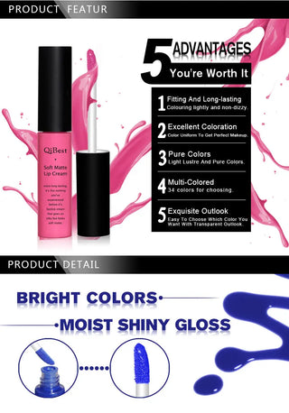 QIBEST Matte Lip Gloss Lip Makeup 34 Colors Velet Nude Waterproof Lipgloss Matte Lipstick Liquid Lipstick Long lasting Lip Tint ALODIA STORE