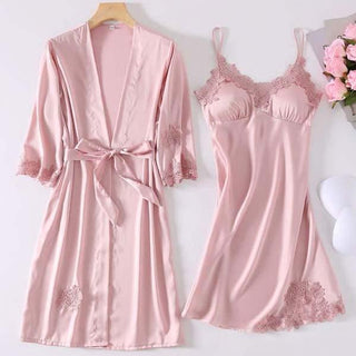 Satin Robe Set Sexy Female Sleepwear Summer Kimono Bathrobe Lace Trim Bride Bridesmaid Dressing Gown Casual Nightgown ALODIA STORE
