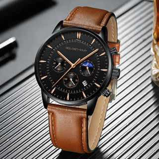 GOLDENHOUR Men's Watch Top Brand Luxury Fashion Quartz Watch Men Leather Waterproof Sports Wrist Watch Male Relogio Masculino ALODIA STORE