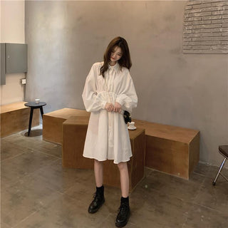 QWEEK Shirt Dress Women Korean Style Polo Collar Black ALODIA STORE