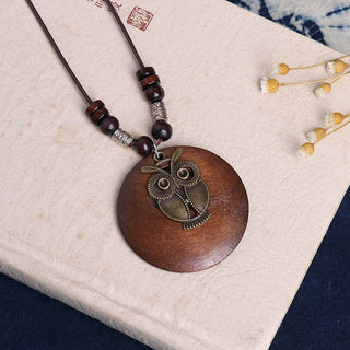 Vintage Ethnic Style Wooden Necklace Owl Leaves Beaded Pendant Choker Long Chain Sweater Dress Neck Jewelry Accessories Alodia Store