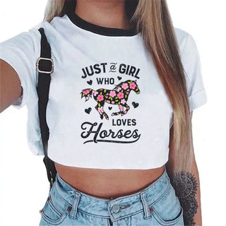 Just A Girl Who Loves Horses Gothic Style Crop Top Harajuku T Shirt Women Ulzzang Korean Tshirt Summer Tee Croptop Goth Clothes ALODIA STORE