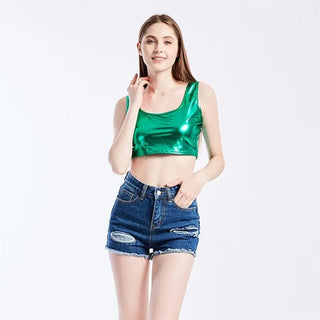 CUHAKCI Club Women Street Crop Tops Summer Tanks Slim bright Short Top Sleeveless U Croptops Ladies Vest XXL Sexy Tank ALODIA STORE