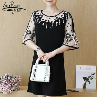 Fashion Elegant Patchwork Floral Lace Chiffon Dress Flare Short Sleeve Black Summer Dress Casual Loose Dress Women 2724 50 ALODIA STORE