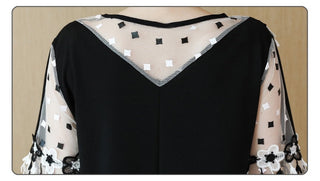 Fashion Elegant Patchwork Floral Lace Chiffon Dress Flare Short Sleeve Black Summer Dress Casual Loose Dress Women 2724 50 ALODIA STORE