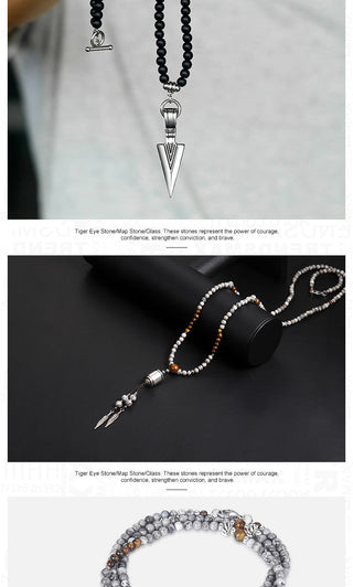 Unique Men's Necklace Stainless Steel Arrow Pendant Matte Black Glass Beaded Necklace Male Jewelry Dropshipping DNM07 ALODIA STORE