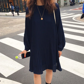 LANMREM 2023 New Korean Summer Fashion Women Clothes Vacation Dresses Lantern Sleeves Pullover Loose Chiffon Dress Pleated WG686 ALODIA STORE
