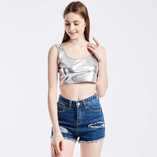 CUHAKCI Club Women Street Crop Tops Summer Tanks Slim bright Short Top Sleeveless U Croptops Ladies Vest XXL Sexy Tank ALODIA STORE