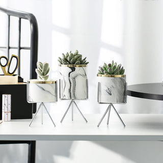 Nordic Ceramic Iron Art Vase Marble Pattern Rose Gold Silver Tabletop Green Plant Pot Home Office Vases Decorative ALODIA STORE